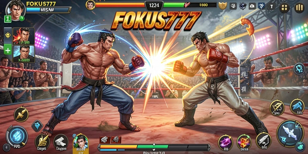 Tangkapan layar FOKUS777 menampilkan karakter bertarung dalam arena yang intens.