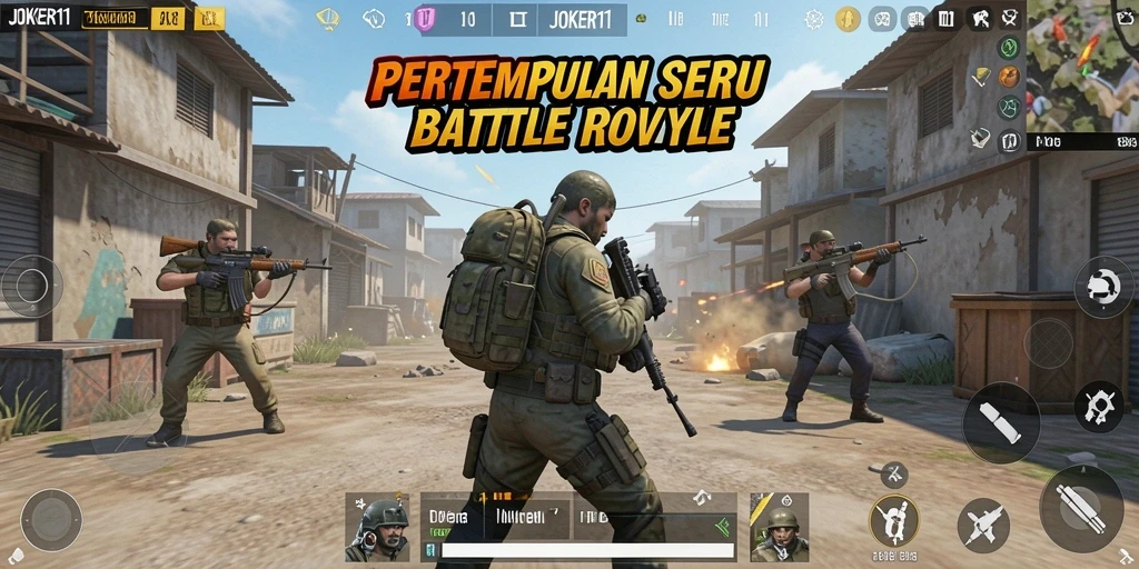 Screenshot gameplay JOKER11 menampilkan pertarungan seru di arena Battle Royale.