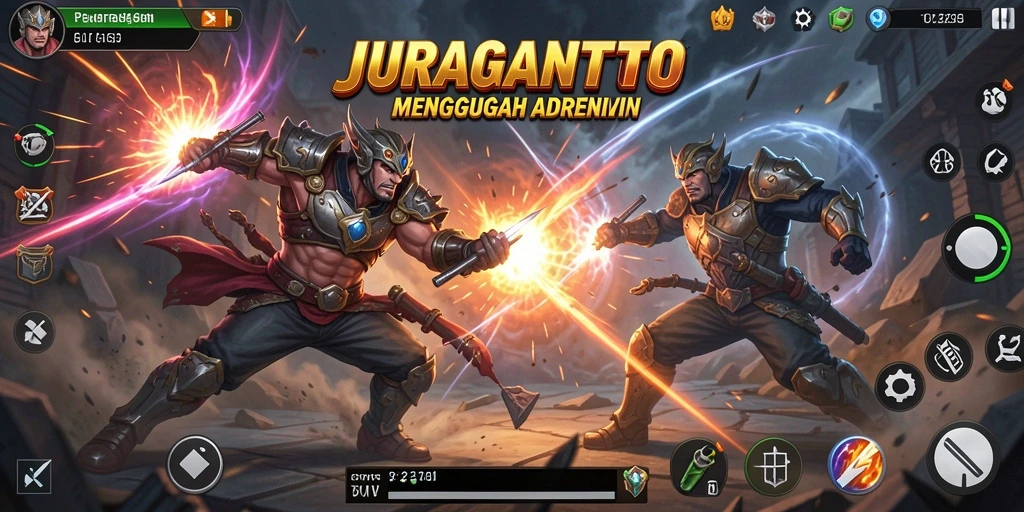 Screenshot permainan JURAGANTOTO menunjukkan karakter bertarung dengan aksi yang intens.