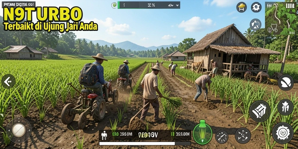 Tangkapan layar utama N9TURBO menunjukkan petani yang sedang bekerja di ladang.