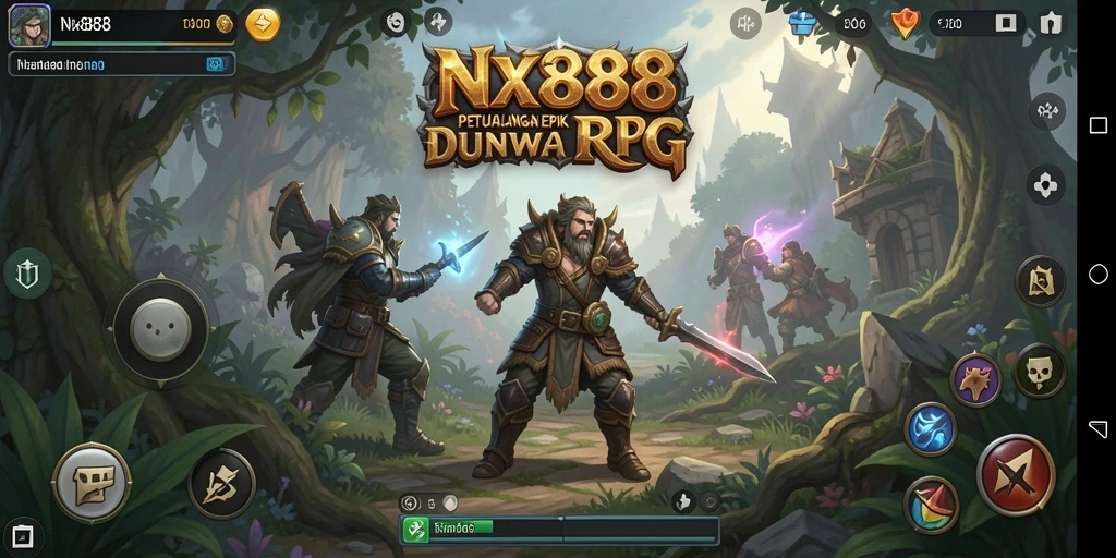 Screenshot utama NX888 menunjukkan pertarungan epik dalam dunia RPG yang mendalam.