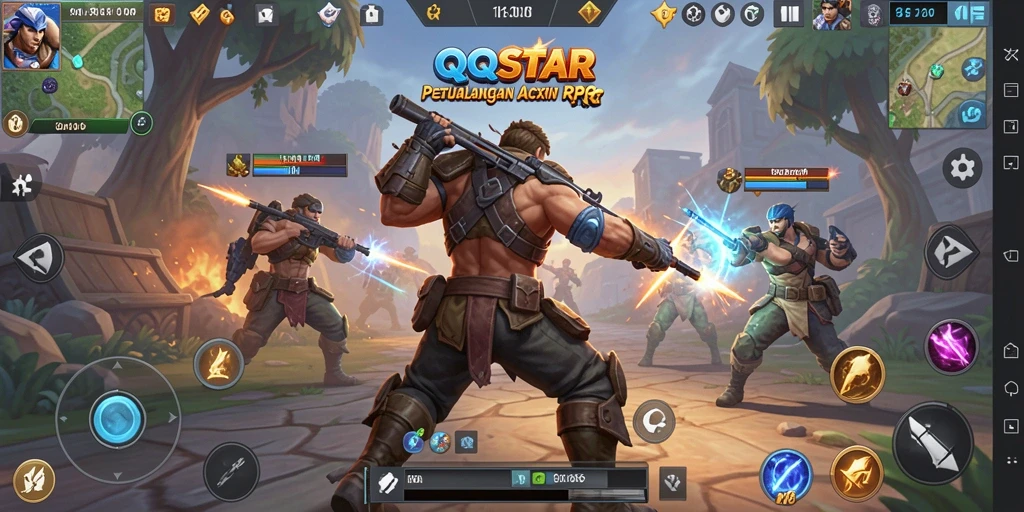 Screenshot gameplay QQSTAR menunjukkan pertempuran seru dalam dunia ARPG.