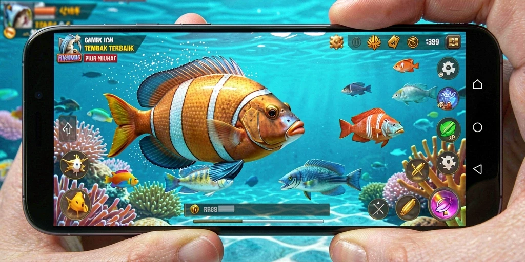 Screenshot gameplay menembak ikan di dalam laut yang penuh warna.