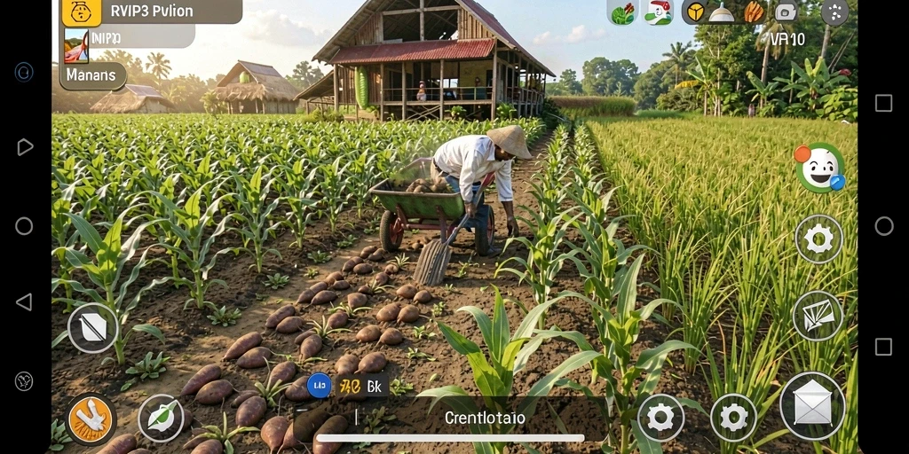 Screenshot menampilkan gameplay RVIP3 dengan pertanian yang indah.